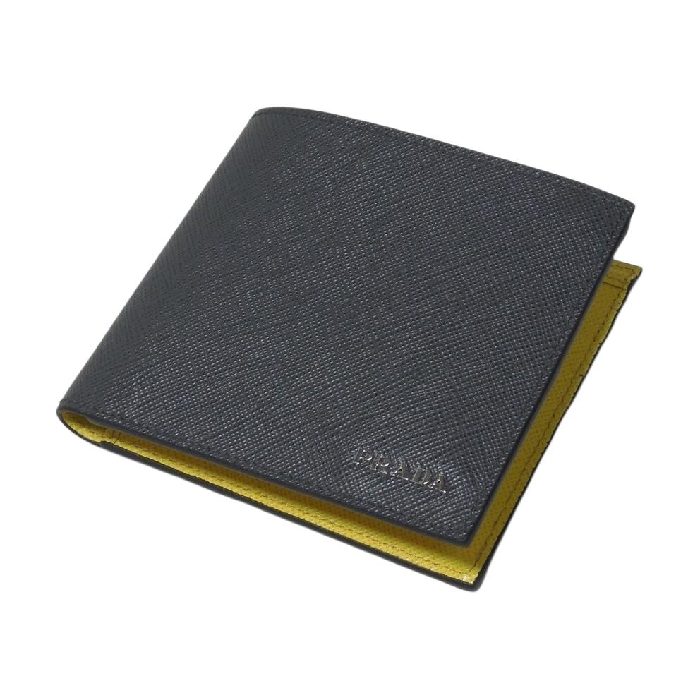 PRADA Cow Leather Wallet Men's Gray & Yellow