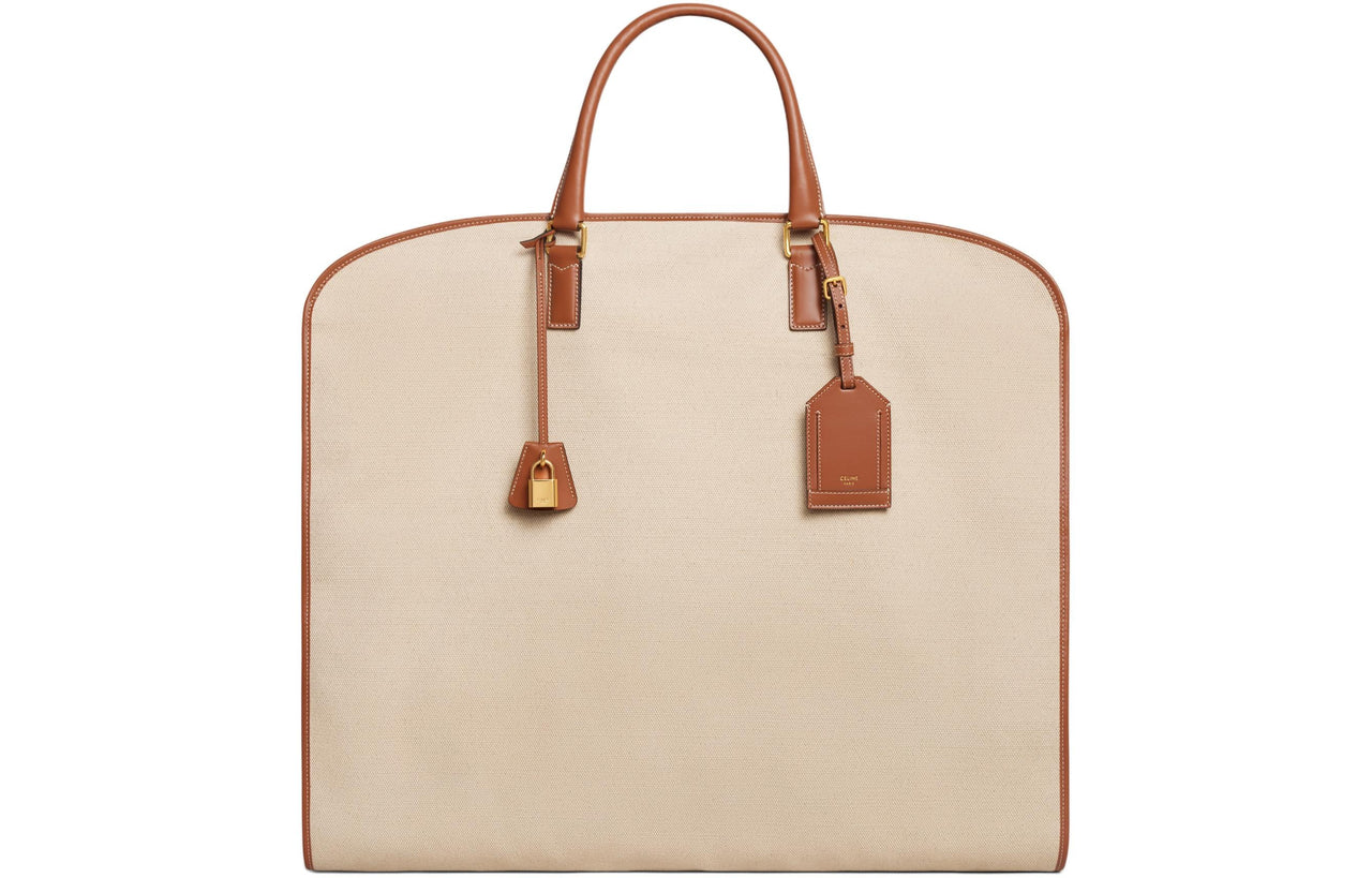 CELINE Fabric With Calfskin Clothing Bag Storage Bag Men's Natural & Brown Umber