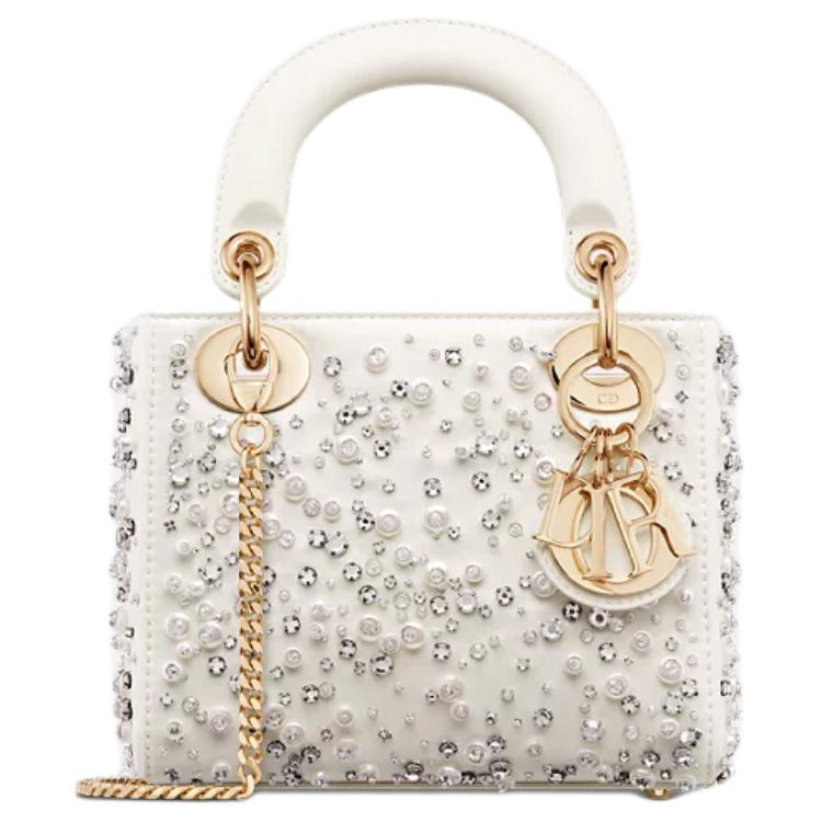 DIOR Embroidered Cow Leather Shoulder Bag Crossbody Bag Handbag Mini Women's Milk White