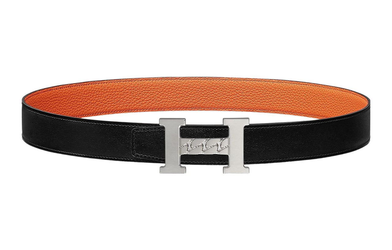 HERMES 5382 Gourmette Silver Buckle Togo Calfskin Double-Sided Leather Belt Unisex Black/Orange Width: 3.2cm