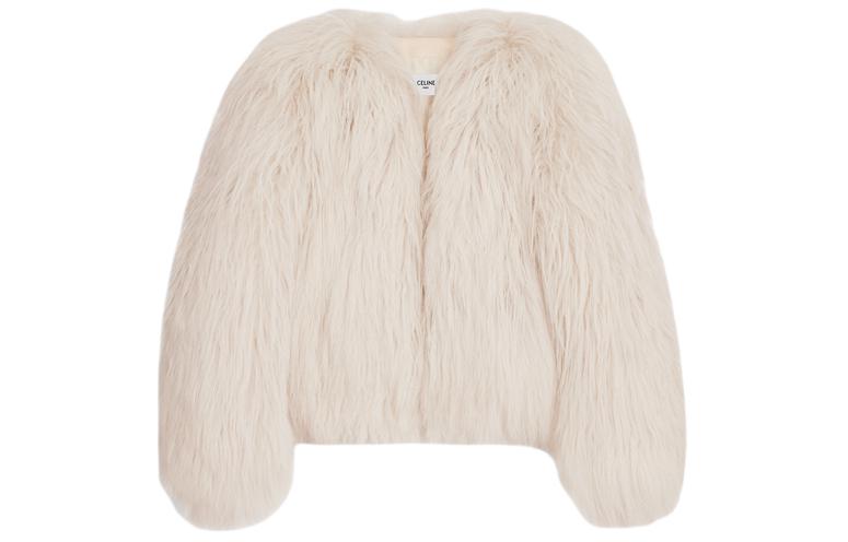 CELINE Crew Neck Jacket In Long Goat Hair Jackets Coats Women's Light Brown