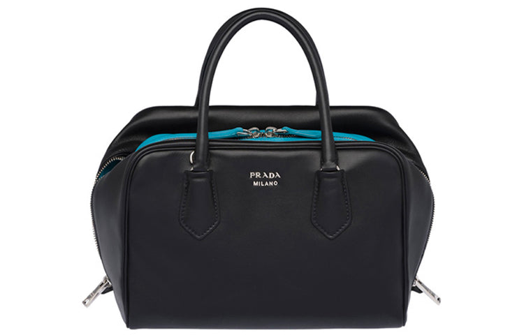 PRADA Cow Leather Handbag Women's Black Blue