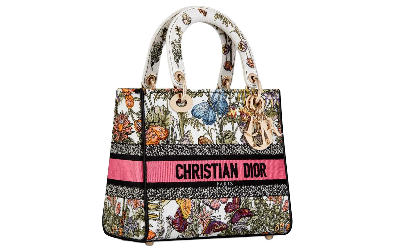 DIOR Lady D-Lite Embroidery Dior Bag Shoulder Bag Crossbody Bag Handbag Medium Size Women's White & Multicolor
