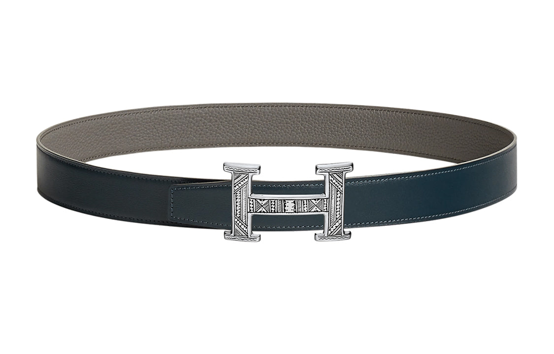 HERMES Avant-Garde Silver Buckle Togo Calfskin Double-Sided Leather Belt Women's Marine Blue/Gray Width: 3.2cm