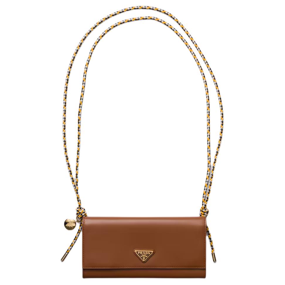 PRADA Cow Leather Wallet Shoulder Bag Women's Brown