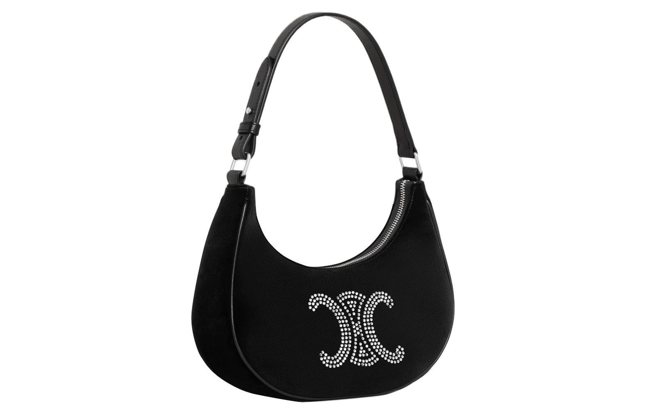 CELINE AVATriomphe Velour Cow Leather Patchwork One Shoulder Handbags Women's Black