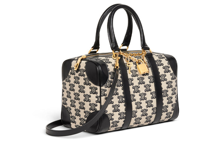 CELINE Embroidered Cow Leather Patchwork Boston Bag One Shoulder Handbags Small Size Women's Black