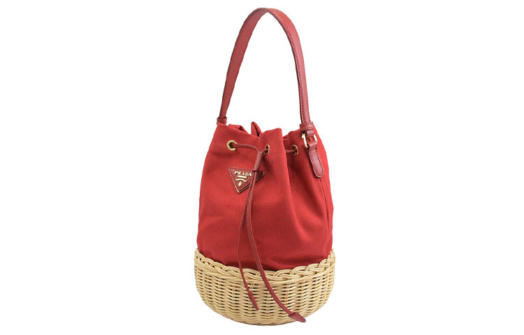 PRADA Canvas Straw Woven Bucket Bag Portable Crossbody Bag Shoulder Bag Regular Women's Red