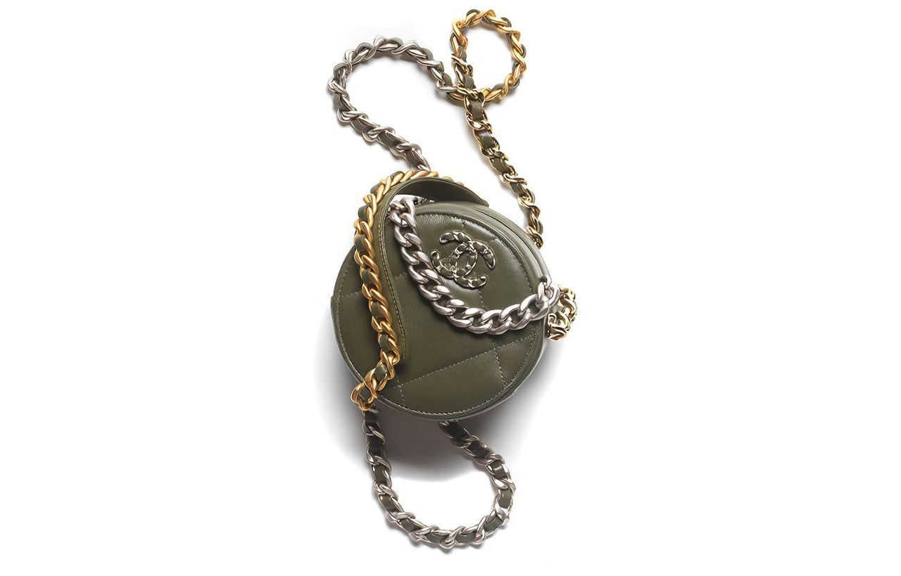 CHANEL 19Bag Lambskin Metal Evening Party Bag Round Bag Clutch Shoulder Bag Crossbody Bag Women's Khaki