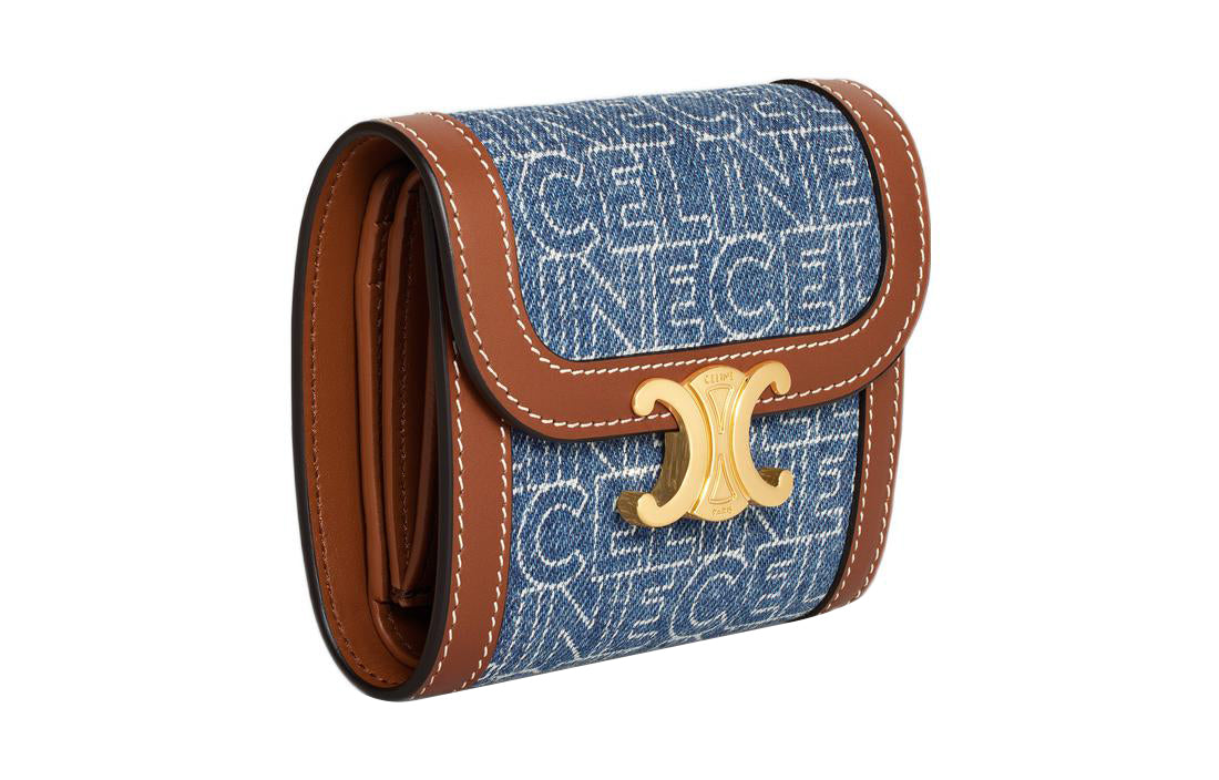 CELINE Denim With Calfskin Trim Wallet Small Size Women's Marine Blue/Brown