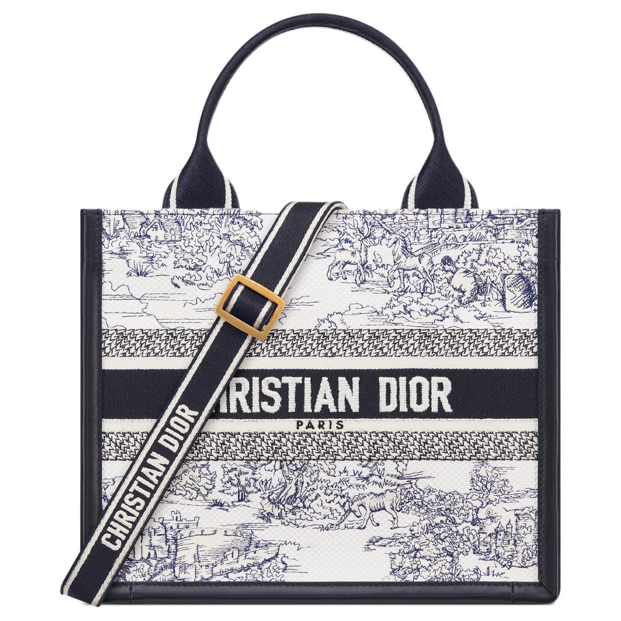 DIOR Cotton With Calfskin Tote Bag Shopping Bag Shoulder Bag Crossbody Bag Handbag Small Size Women's White & Blue