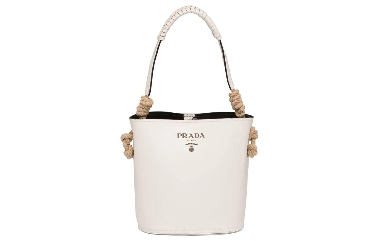 PRADA Cow Leather Bucket Bags One Shoulder Handbags Women's White