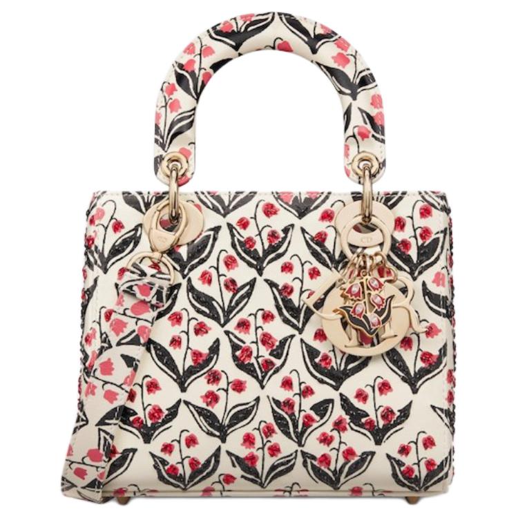 DIOR Lily Of The Valley Embroidery Calfskin Shoulder Bag Crossbody Bag Handbag Small Size Women's White & Black & Red