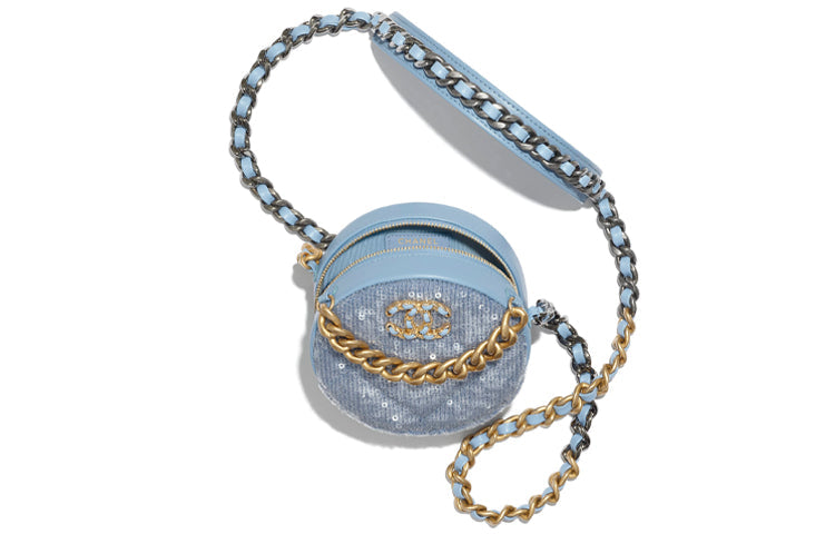 CHANEL 19Bag Sequins Patchwork Cow Leather Shoulder Bag Women's Sky Blue