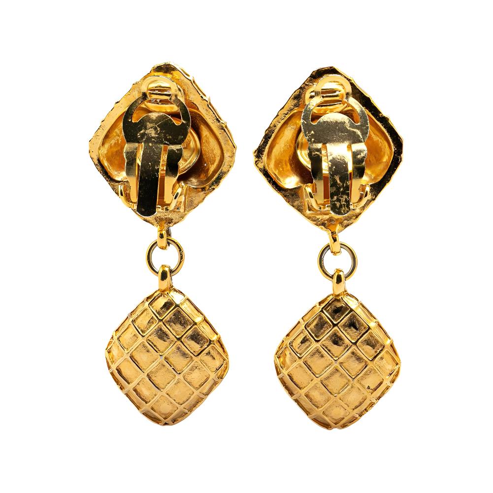 CHANEL 1980 1990 Gold Plated Diamond Swing Clip On Costume Earrings
