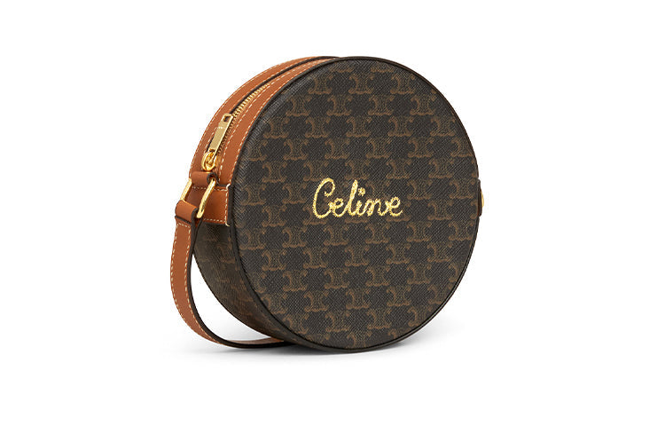 CELINE Embroidered Fabric Shoulder Bags Round Bag Crossbody Bags Women's Brown