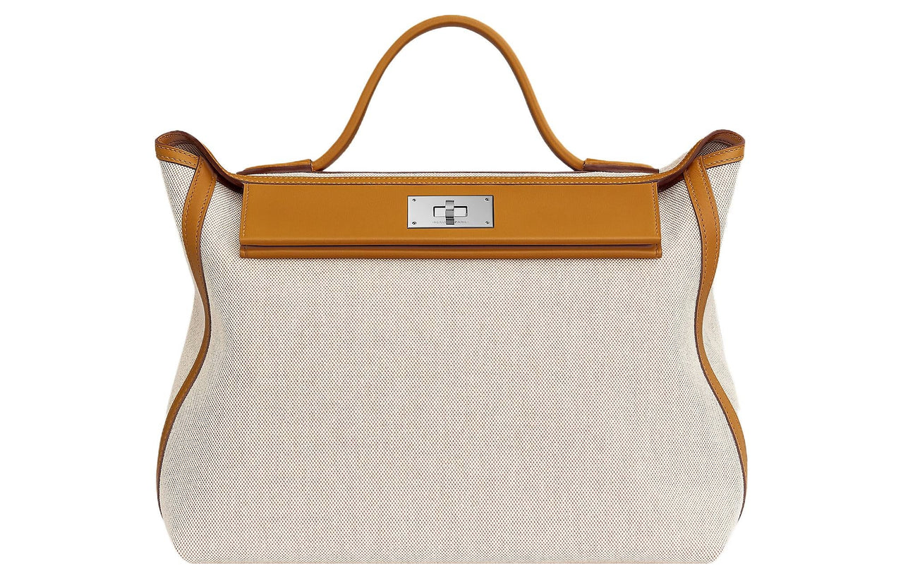 HERMES 24/24 Canvas With Swift Calfskin Handbag Women's Beige/Beige/Almond