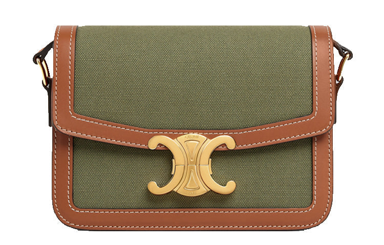 CELINE Fabric Cow Leather Patchwork Shoulder Bag Handbag Shoulder Bag Crossbody Bag Women's Khaki Green/Tan