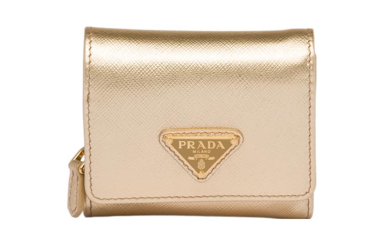 PRADA Cow Leather Card Holder Wallet Small Size Women's Gold