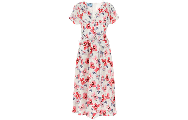PRADA Dangle Belt Floral Optimized Mid-Length Short-Sleeved Dresses Women's Pink