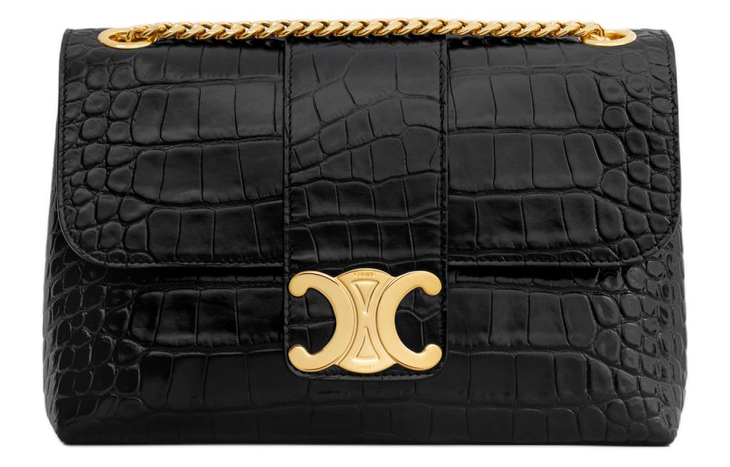 CELINE Crocodile Leather Shoulder Bag Crossbody Bag Medium Size Women's Black