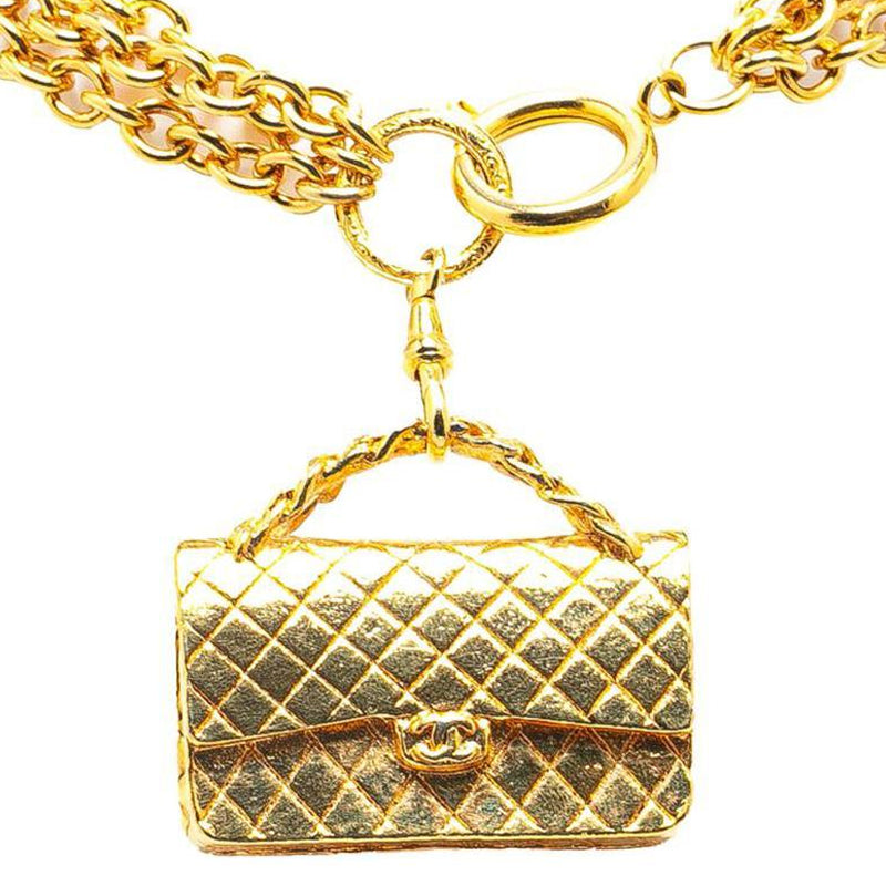 CHANEL 1970 1980 Plated Multi Chain Flap Bag Pendant Costume Necklace