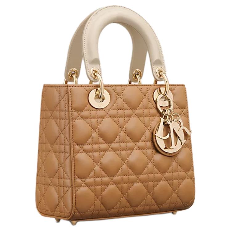 DIOR Lady Dior Lambskin Shoulder Bag Crossbody Bag Handbag Small Size Women's Tan & Grey Ivory