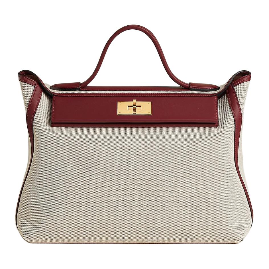 HERMES 24/24 Canvas With Swift Calfskin Handbag Women's Beige & Red