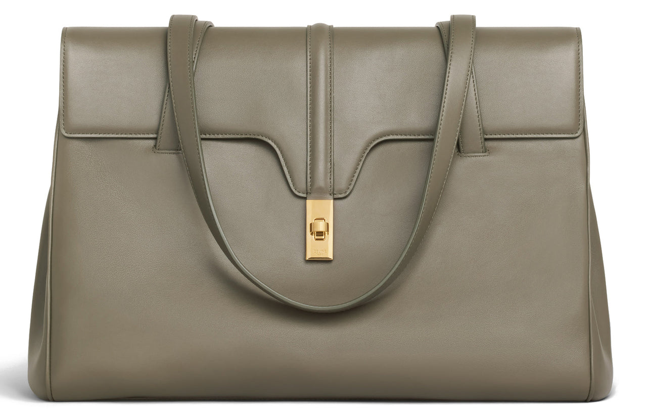 CELINE Cow Leather Handbag Large Size Women's Army Green