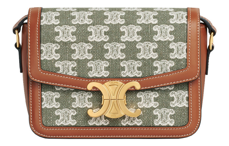 CELINE Embroidery With Fabric And Cow Leather Shoulder Bag, Crossbody Bag Women's Khaki Green