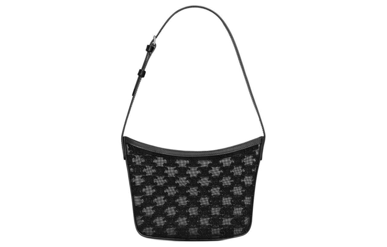 CELINE Croque Fabric Cow Leather Patchwork Binding Handbag Shoulder Bag Women's Black