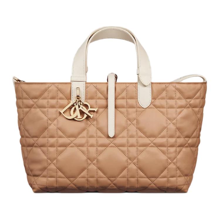 DIOR Extra Large Wicker Pattern Cow Leather One Shoulder Handbags Medium Size Women's Cookie & Beige Brown