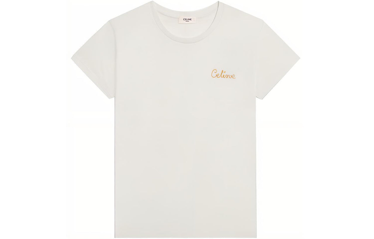 CELINE Cotton Logo Embroidery Short Sleeved Shirt T Shirt Women's Ecru