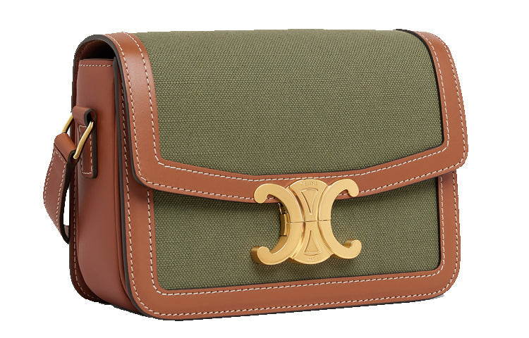 CELINE Fabric Cow Leather Patchwork Shoulder Bag Handbag Shoulder Bag Crossbody Bag Women's Khaki Green/Tan