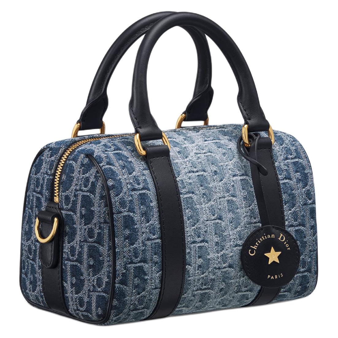 DIOR Fabric Cow Leather Patchwork Handbag Shoulder Bag Crossbody Bag Women's Blue