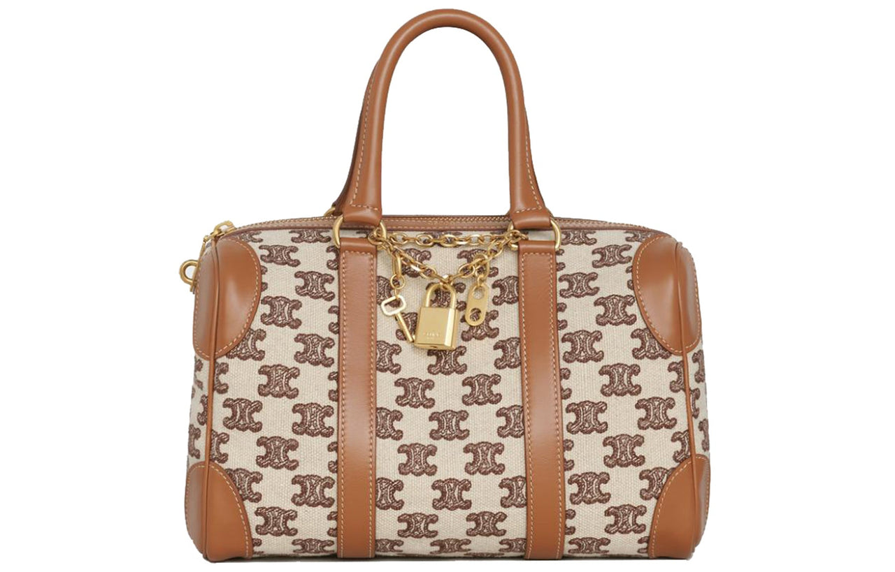 CELINE Fabric With Cow Leather Patchwork Trim Boston Bag Shoulder Bag Crossbody Bag Handbag Small Size Women's Brown