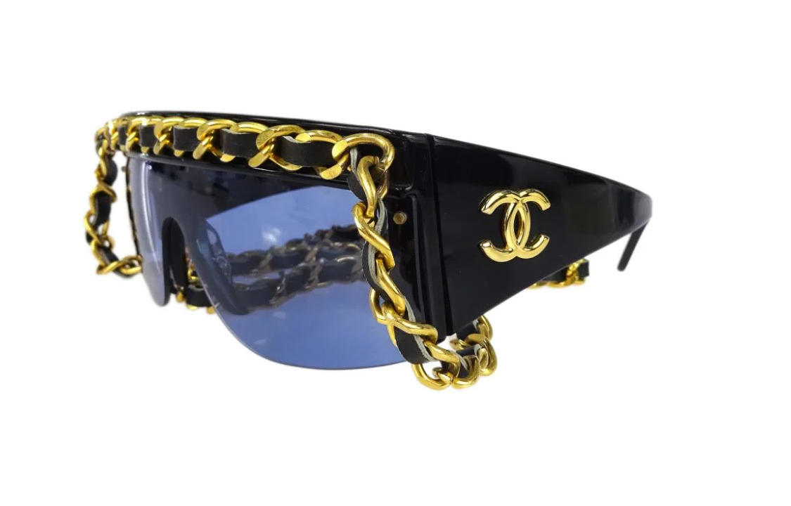 CHANEL 1990 2000 Leather and chain Trimmed Shield Sunglasses