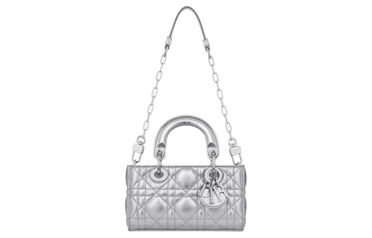 DIOR Lady D-JOY Pleated Cow Leather Shoulder Bag Crossbody Bag Handbag Extra Mini Women's Silver