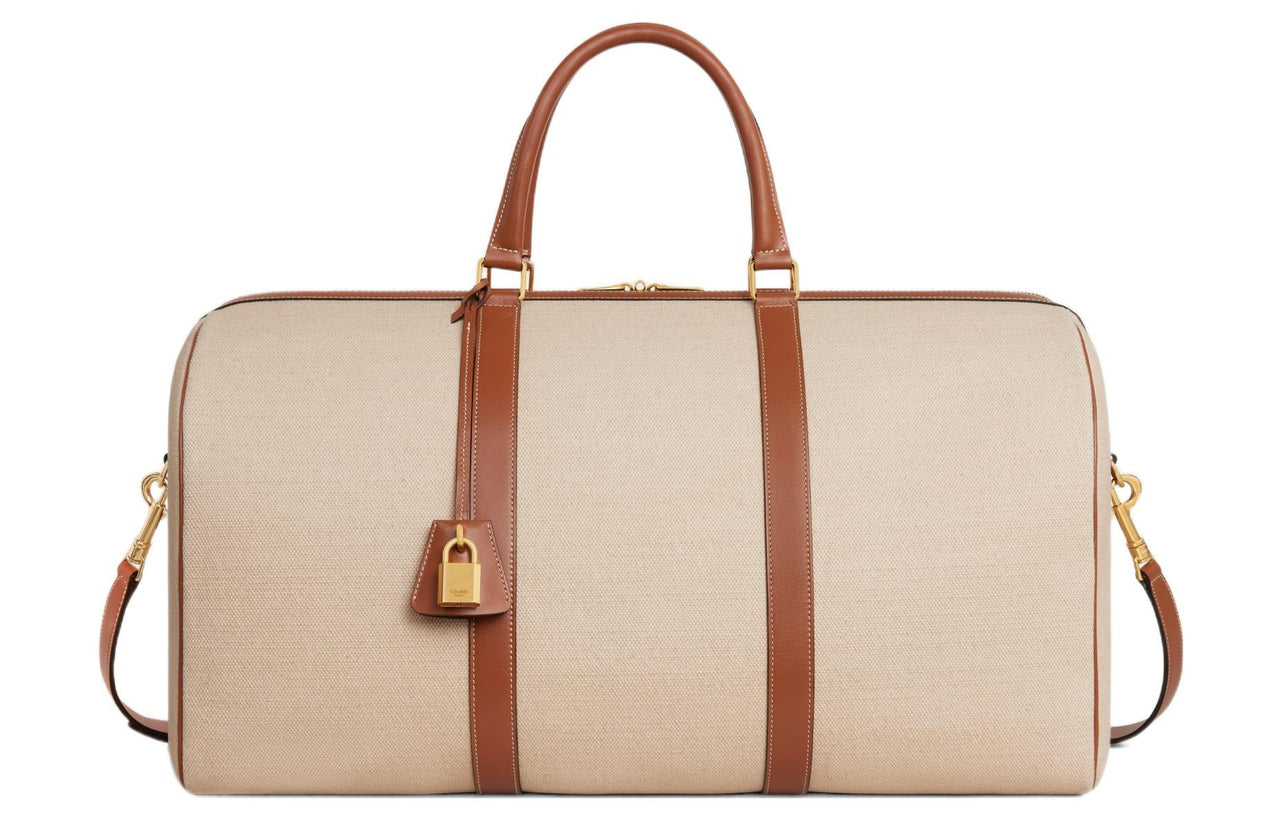 CELINE Fabric Cow Leather Patchwork One Shoulder Crossbody Portable Travel Bag Large Size Women's Natural Color/Tan