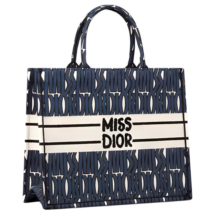 DIOR Embroidery Tote Bag Shopping Bag Handbag Large Size Women's Blue & White