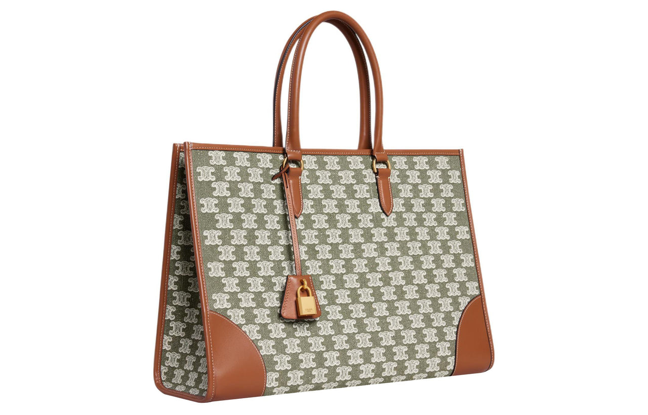 CELINE Cabas Embroidered Fabric Tote Handbag Handbag Shoulder Bag Women's Khaki Green