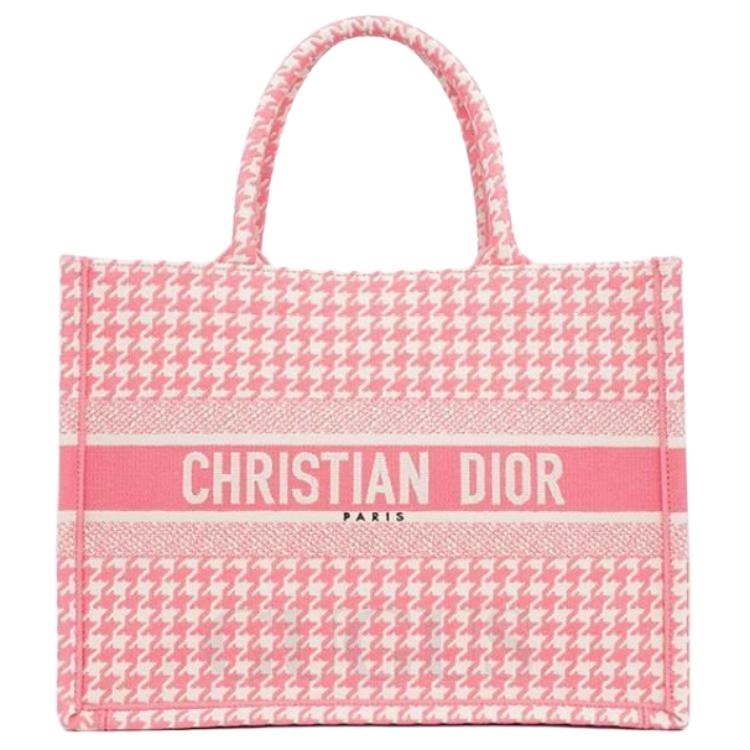 DIOR Embroidery Tote Bag Shopping Bag Handbag Medium Size Women's Pink Peony