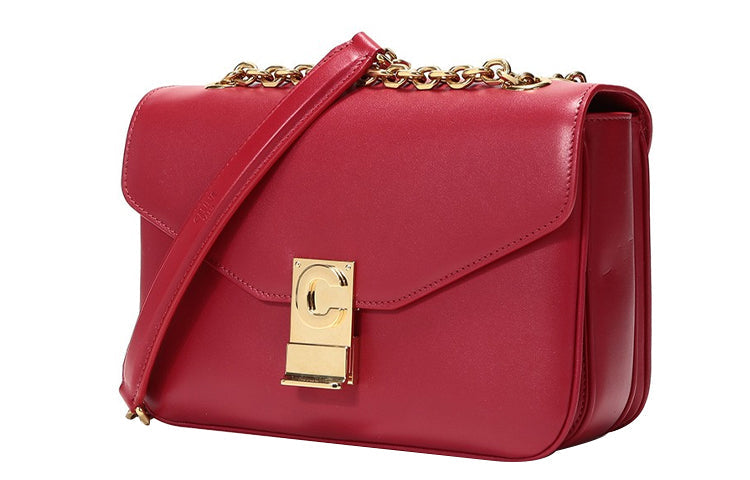 CELINE Cow Leather Shoulder Bag Women's Red