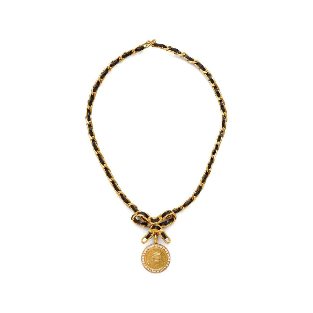 CHANEL 1996 Medallion Charm Leather And Chain link Necklace