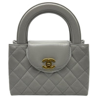 CHANEL Shiny Calfskin Handbag Mini Women's Light Gray