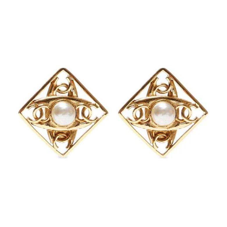 CHANEL 1980 1990 Cc Faux Pearl Clip On Earrings Costume Earrings