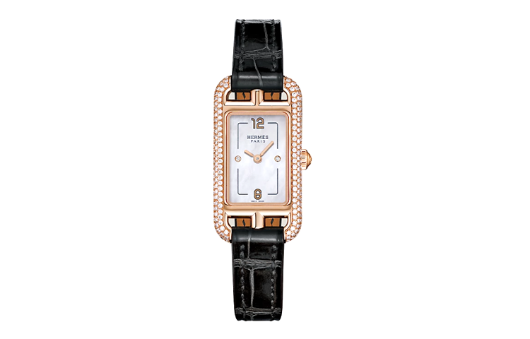 HERMES Nantucket Wrist Watch Quartz Movement Crocodile Leather Strap 29*17mm Silver Dial Women's Watch