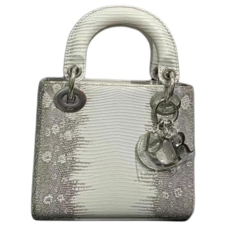 DIOR Lady Dior Lizard Skin Shoulder Bag Crossbody Bag Handbag Mini Women's Gray/Milk White
