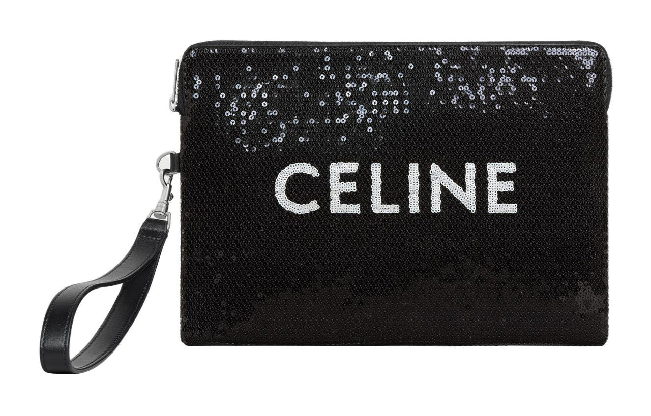 CELINE Calfskin Trim Handbags Wrist Bags Clutches Small Size Women's Black