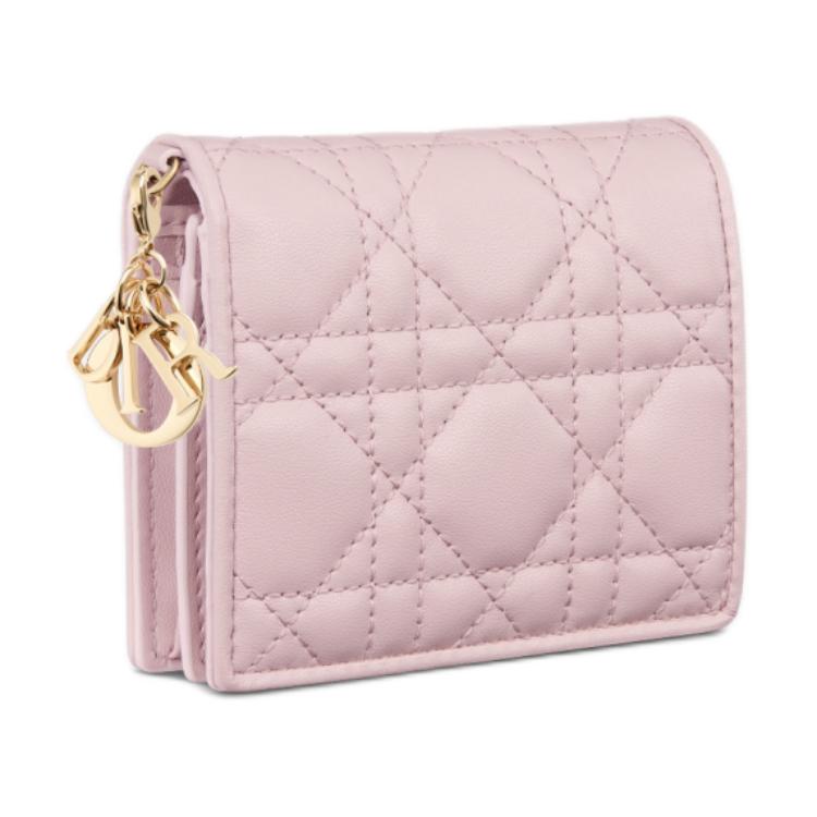 DIOR Lady Dior Lambskin Wallet Mini Women's Soft Pink